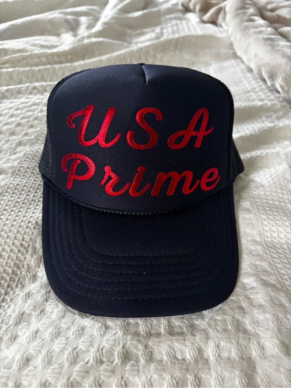USA Prime NavyTrucker Hat with Red Script